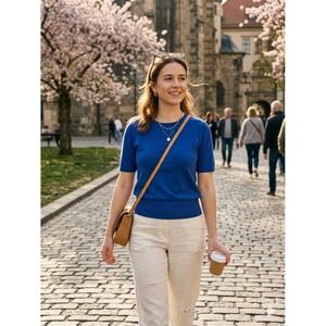 Kate Hill Italian Merino Wool Sweater L Blue Extra Fine Knit Made in Italy Y2K